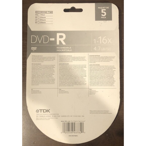 TDK DVD-R 5 Pack 4.7GB/GO 1-16X Recordable Blank Media Discs NEW Sealed - Picture 2 of 2